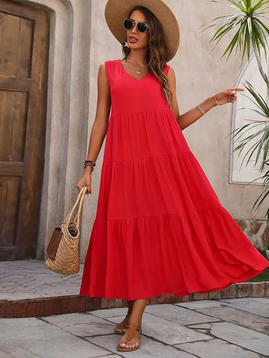 Damen Elegantes Sommer-Maxi-Kleid mit voluminösem Rock und V-Ausschnitt R&B