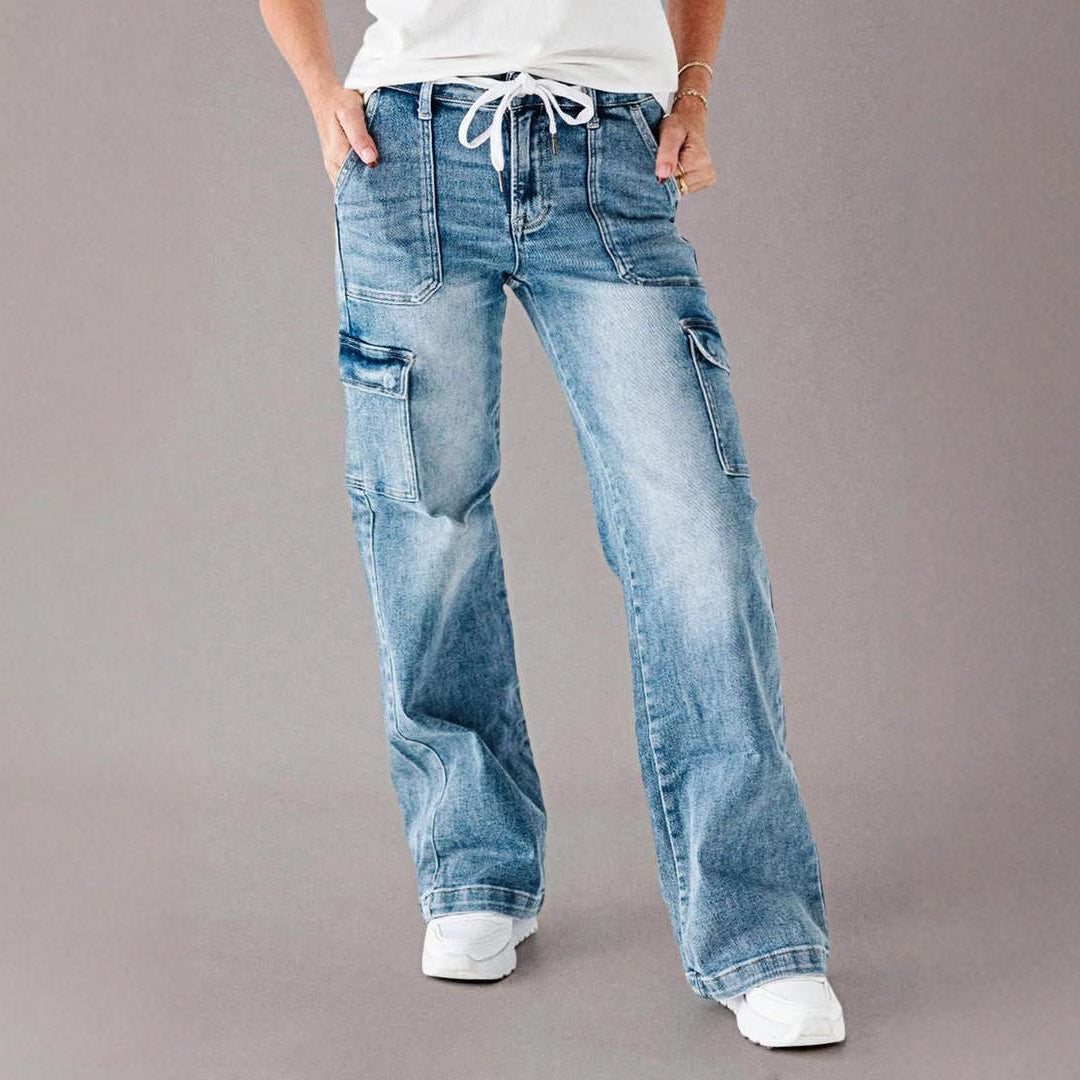 Damen Cargo-Jeans mit weitem Bein und verstellbarem Bund R&B