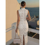 Damen Spitzenkleid mit hohem Kragen und figurbetonter Silhouette R&B