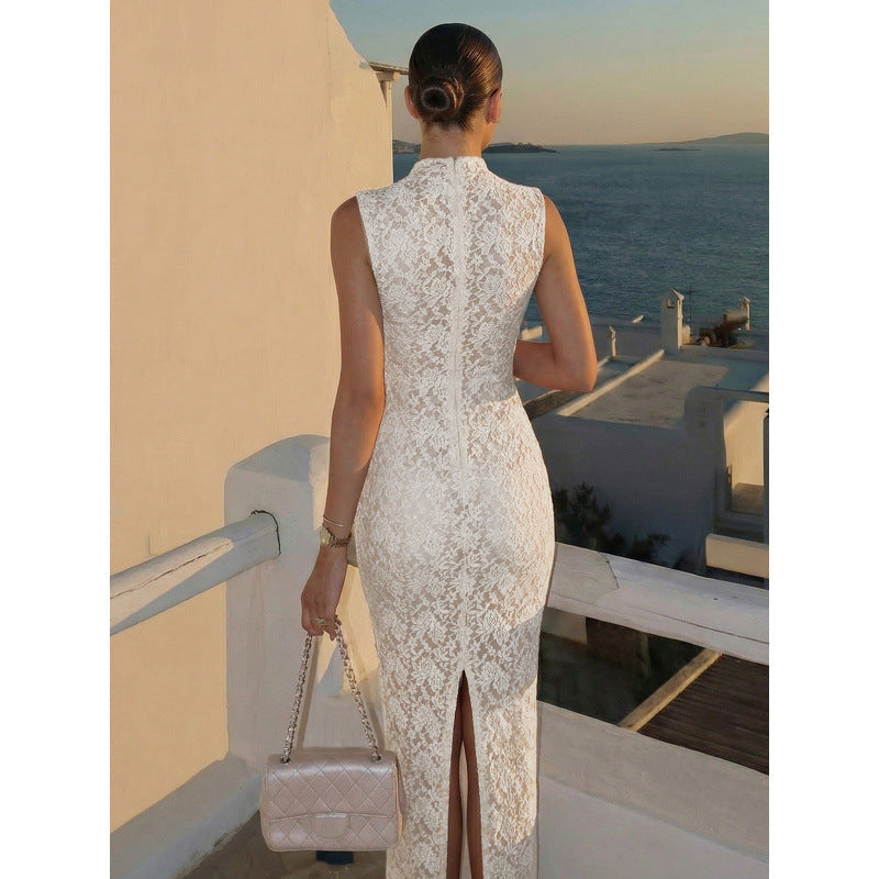Damen Spitzenkleid mit hohem Kragen und figurbetonter Silhouette R&B