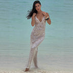 Damen Glitzerndes Strandkleid mit tiefem V-Ausschnitt und schmalen Spaghetti-Trägern EB
