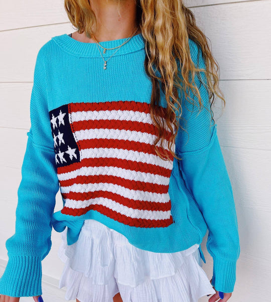 Damen Strickpullover mit auffälligem Flaggenmotiv und lässigem Schnitt R&B