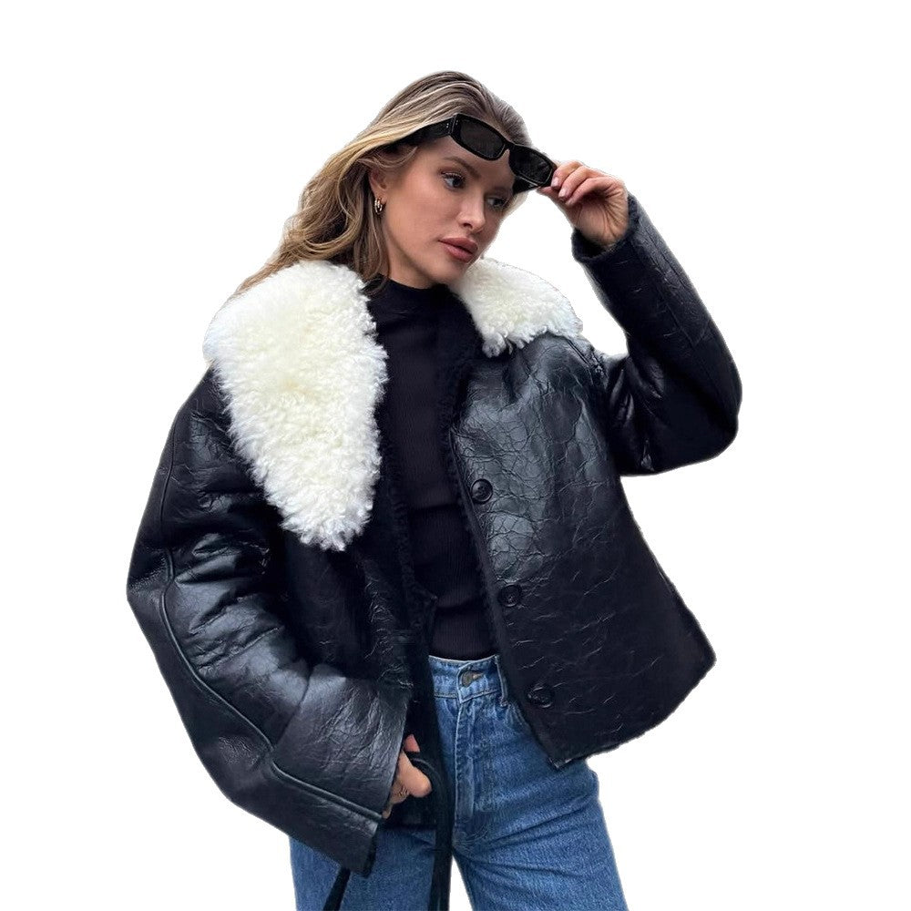 Damen luxuriöse Kunstlederjacke mit weichem Pelzkragen R&B