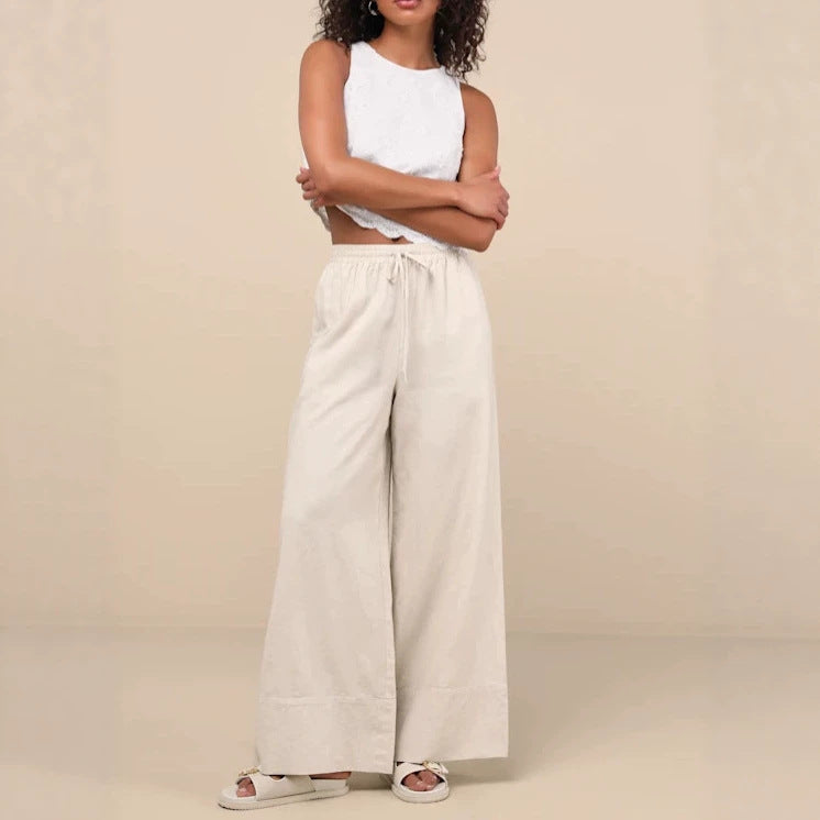 Damen Weite Leinenhose mit elastischem Bund und seitlichen Taschen R&B