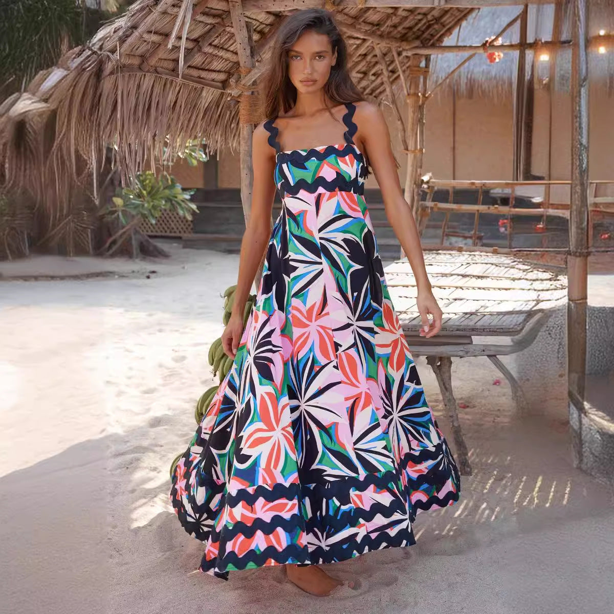 Damen Maxikleid mit elegantem Wellenmuster und fließendem Rock R&B