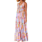 Damen Maxikleid mit buntem Patchwork-Muster und tiefem Ausschnitt R&B