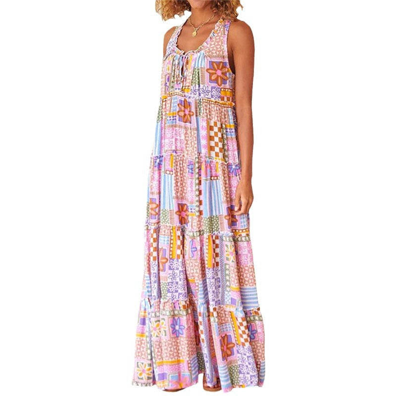 Damen Maxikleid mit buntem Patchwork-Muster und tiefem Ausschnitt R&B
