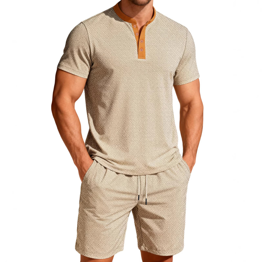 Herren nan maritimes Freizeit-Set mit feiner Wellenstruktur Stehkragenblende und Kordel-Shorts R&B