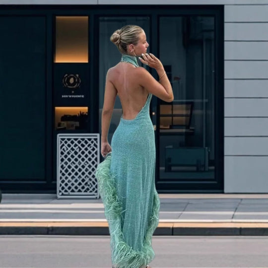 Damen Festliches Pailletten Abendkleid mit asymmetrischem Saum und Federdetails R&B