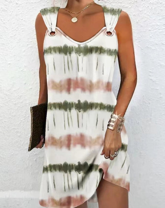 Damen nan ärmelloses V-Ausschnitt-Sommerkleid mit dekorativen Metallösen an breiten Trägern und lässiger A-Linien-Silhouette R&B