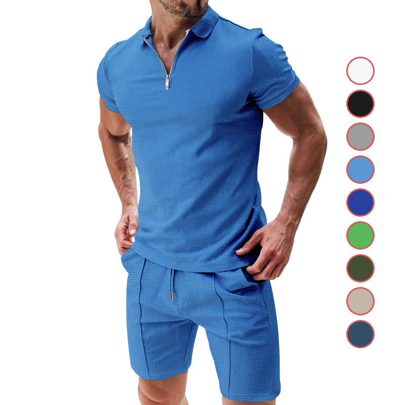 Herren nan sportives Poloshirt- und Chino-Shorts-Set mit halbem Reißverschluss, strukturiertem Jersey und dezenter Bügelfalte R&B