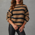 Damen gestreifter Grobstrickpullover mit lässigem Schnitt und weitem Arm R&B