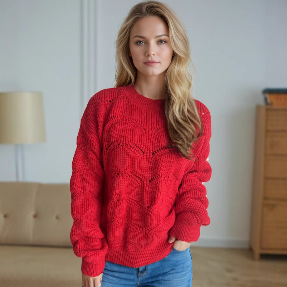 Damen Grobstrickpullover mit romantischem Zopfmuster und weit geschnittenen Ärmeln R&B