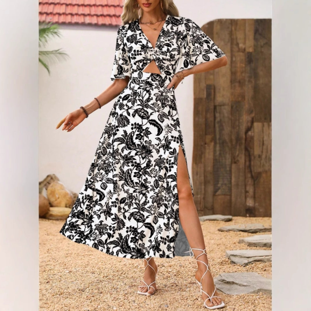 Damen Maxikleid mit floralem Cut-Out und seitlichem Schlitz R&B