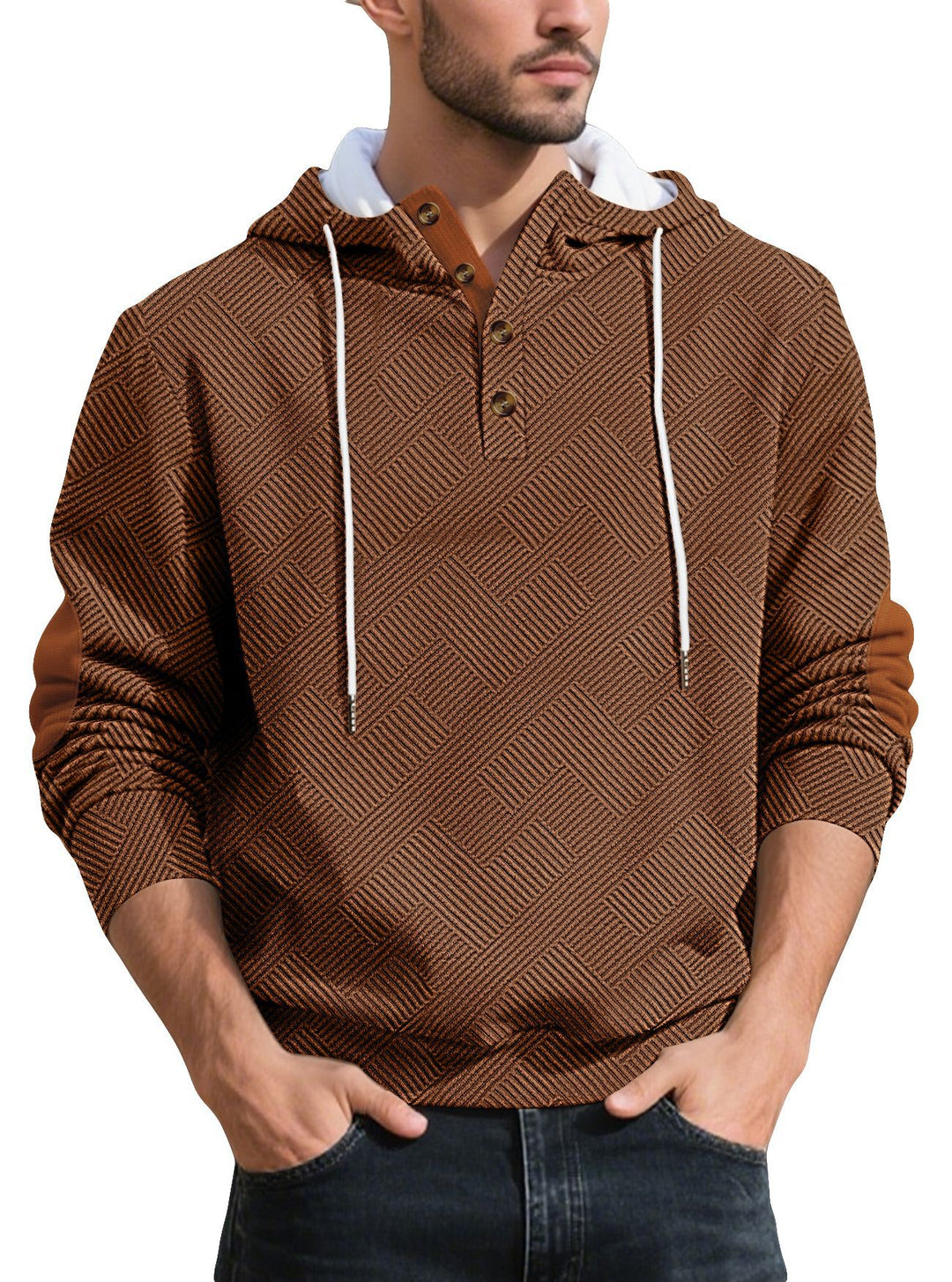 Herren nan strukturierter Kapuzen-Henley-Pullover mit Jacquardstruktur, Knopfleiste und Ellenbogenpatches R&B