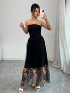 Damen Off-Shoulder Maxikleid mit floralem Stickereinsatz und transparenter Schätzung R&B