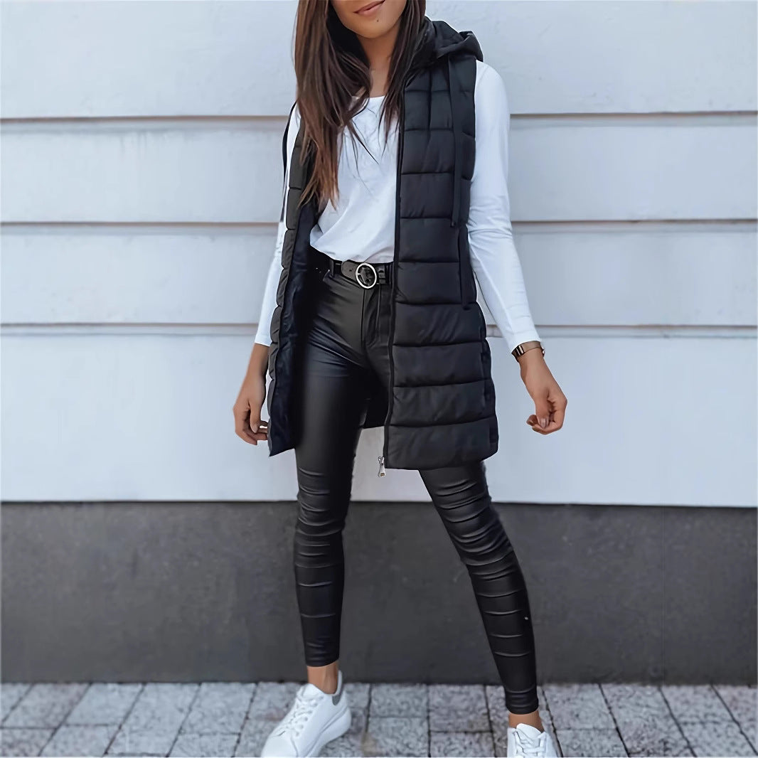 Damen Stylische gesteppte Weste mit Kapuze und langen Schnitt R&B