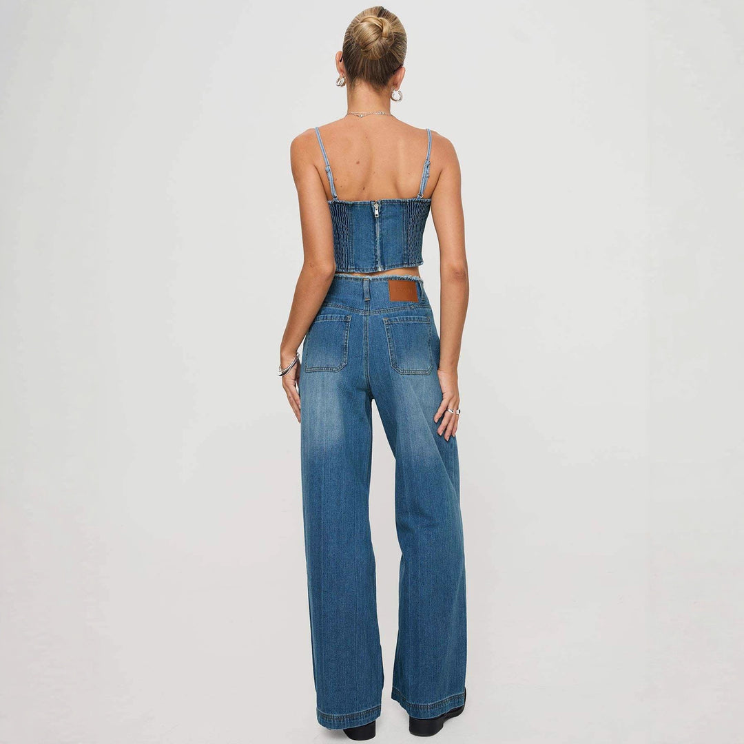 Damen Weite High-Waist Jeans mit fransigem Saum