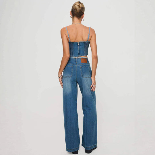 Damen Weite High-Waist Jeans mit fransigem Saum