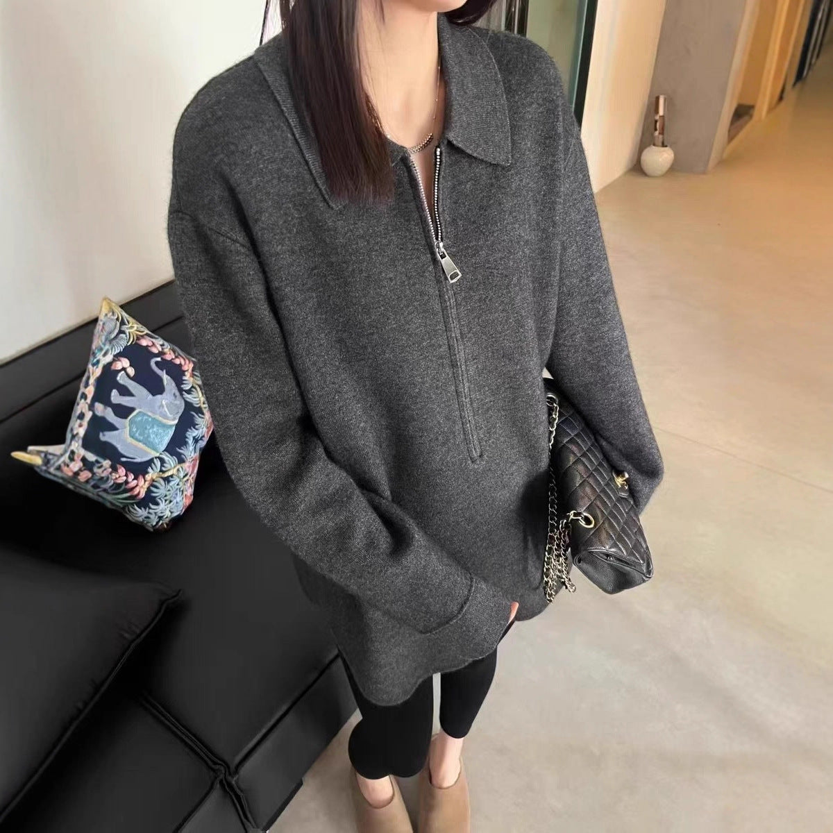 Damen Modischer Pullover mit Reißverschluss und Kragen R&B