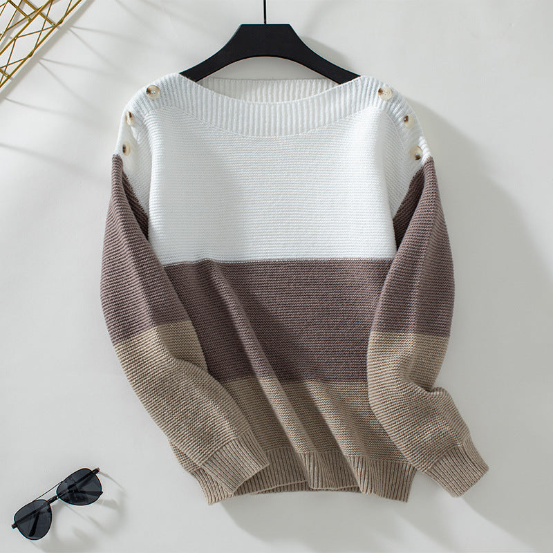 Damen modischer Strickpullover mit dekorativen Knopfdetails und Blockstreifen R&B