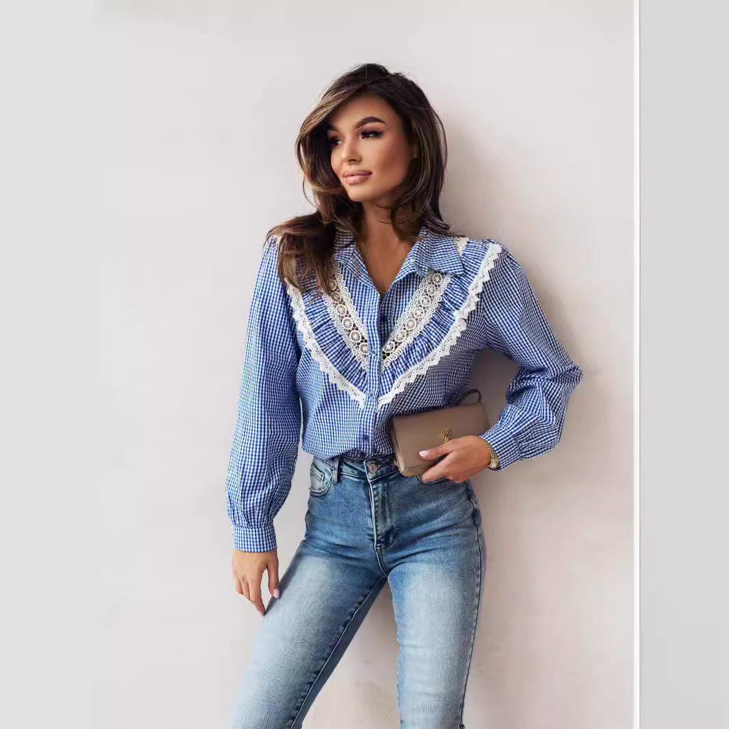 Damen Bluse mit raffinierten Spitzenakzenten und karierter Gestaltung R&B