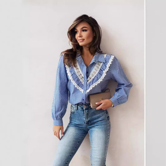Damen Bluse mit raffinierten Spitzenakzenten und karierter Gestaltung R&B