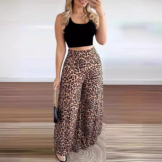 Damen Weitbeinige Tiermuster-Hose mit hohem Bund R&B