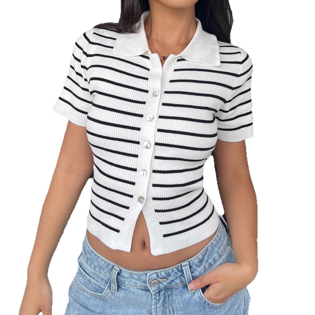Damen Kurzarmshirt mit klassischem Polokragen und gestreiftem Design R&B