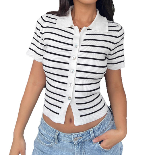 Damen Kurzarmshirt mit klassischem Polokragen und gestreiftem Design R&B