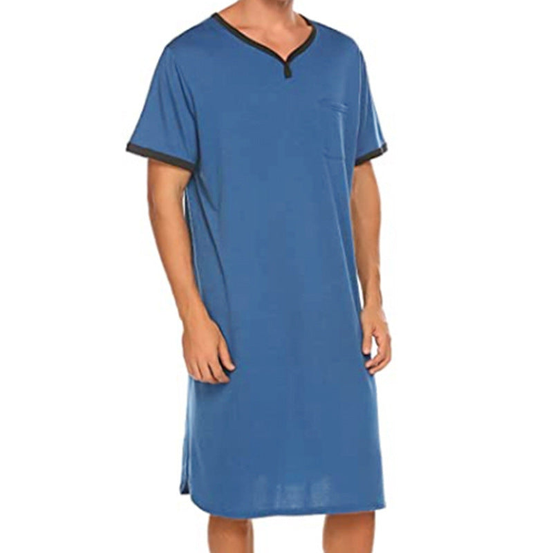 Herren nan langes Baumwoll-Schlafshirt mit Henley-Kragen R&B