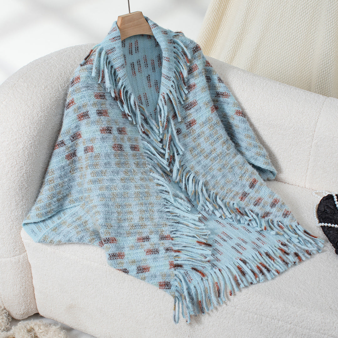 Damen eleganter Poncho mit fransigen Details und modernem Karomuster R&B
