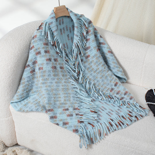 Damen eleganter Poncho mit fransigen Details und modernem Karomuster R&B