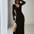 Damen Maxikleid mit elegantem V-Ausschnitt und seitlichem Schlitz R&B