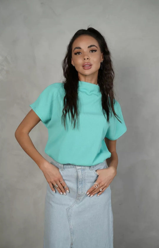 Damen modernes Kurzarm-Oberteil mit hohem Stehkragen und strukturiertem Design R&B