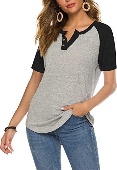 Damen lässiges Kurzarm-Henley-Shirt mit Knopfleiste R&B