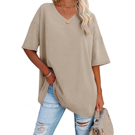 Damen Oversized T-Shirt mit V-Ausschnitt und seitlichen Schlitzen R&B