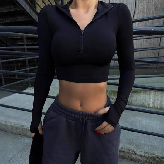 Damen Sportliches Crop-Top mit Reißverschluss und langen Ärmeln R&B