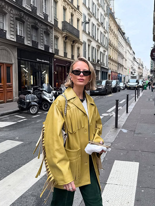 Damen Kunstlederjacke mit Fransen und praktischen Taschen R&B
