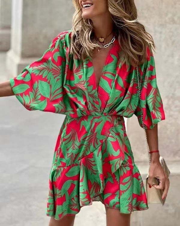Damen Wickelmini-Kleid mit voluminösen Ärmeln und modischem Animal-Print R&B