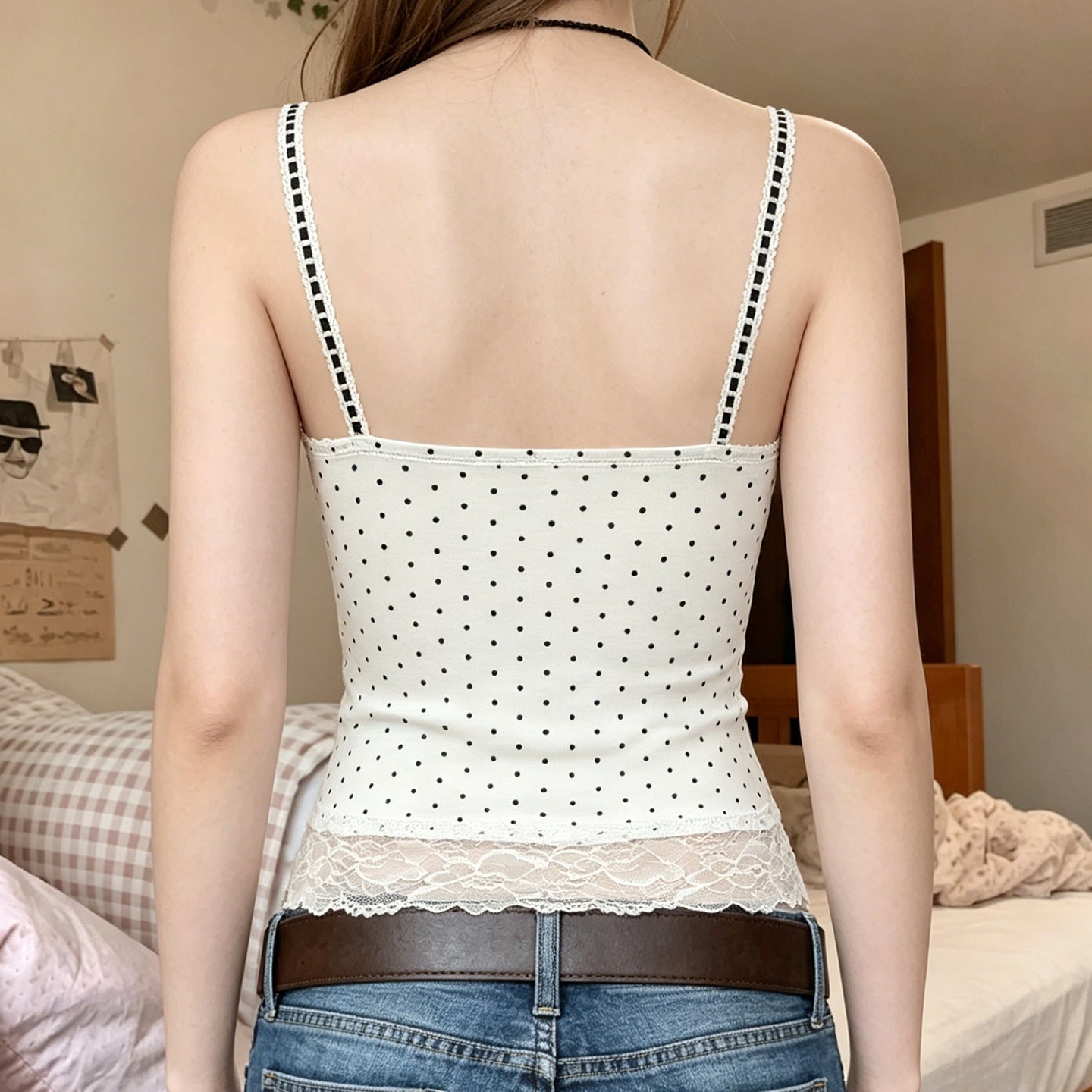 Damen Spaghetti-Trägertop mit floralen Spitzenakzenten und Polka-Punkten R&B