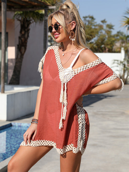Damen elegante Häkel-Strandtunika mit fransigen Details R&B