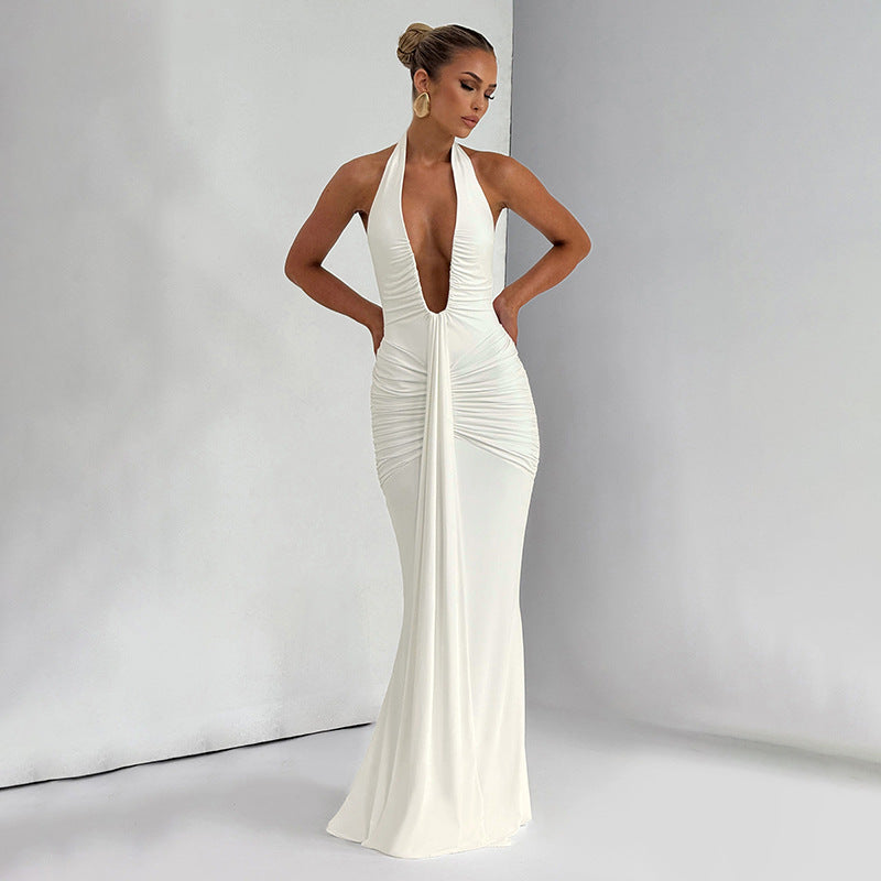 Damen Elegantes Maxi-Kleid mit tiefem V-Ausschnitt und Rüschendetails R&B
