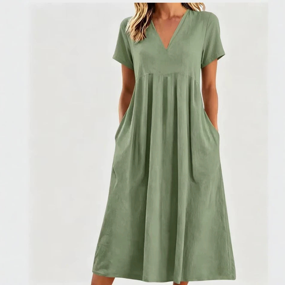 Damen nan legeres V-Ausschnitt-Midikleid mit Eingrifftaschen und geraffter Empirenaht R&B