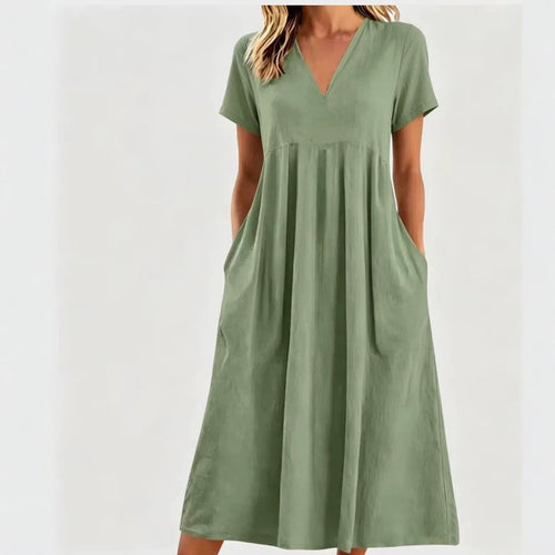 Damen nan legeres V-Ausschnitt-Midikleid mit Eingrifftaschen und geraffter Empirenaht R&B