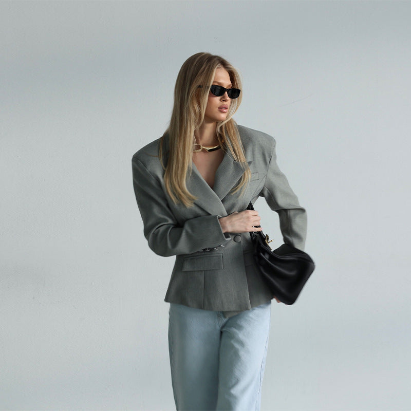 Damen Eleganter Blazer mit asymmetrischer Schluppe und tiefem Ausschnitt R&B