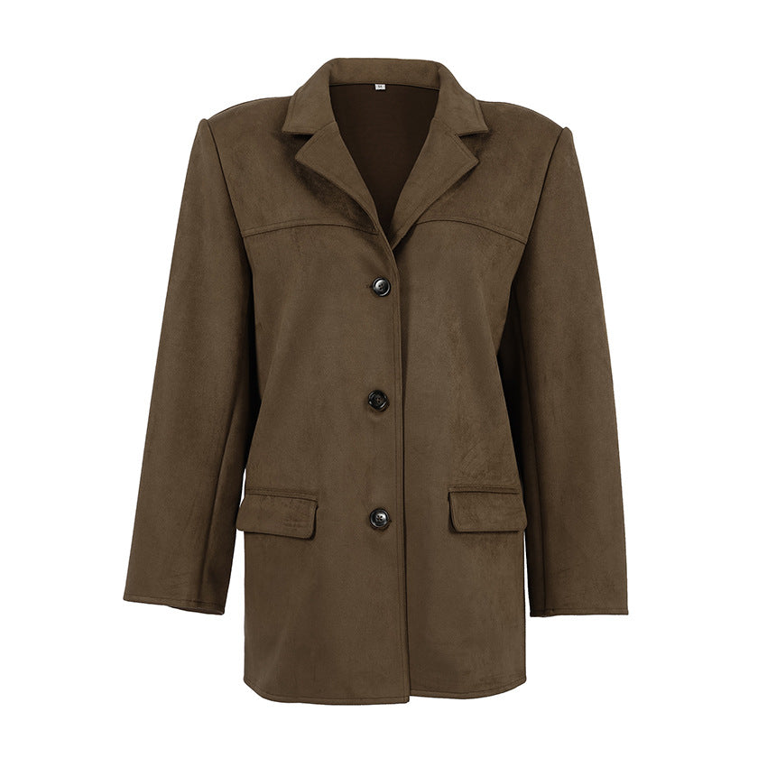 Damen Modische Wildlederjacke im Oversized-Schnitt mit klassischem Kragen und praktischen Taschen R&B