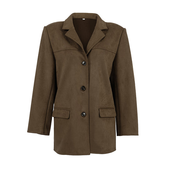 Damen Modische Wildlederjacke im Oversized-Schnitt mit klassischem Kragen und praktischen Taschen R&B