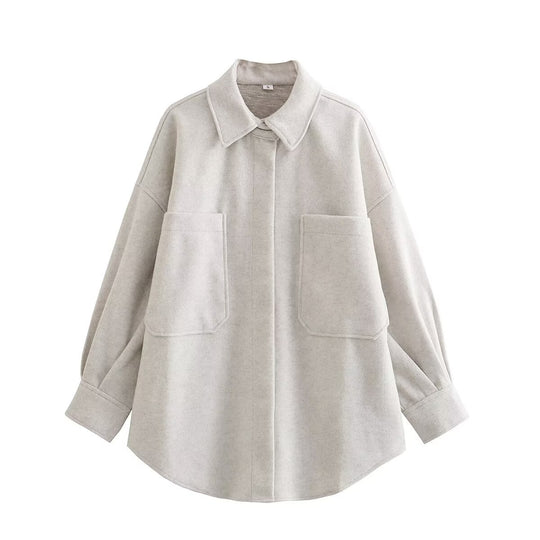 Damen Oversized Hemdjacke aus hochwertigem Wollmix mit praktischen Taschen R&B
