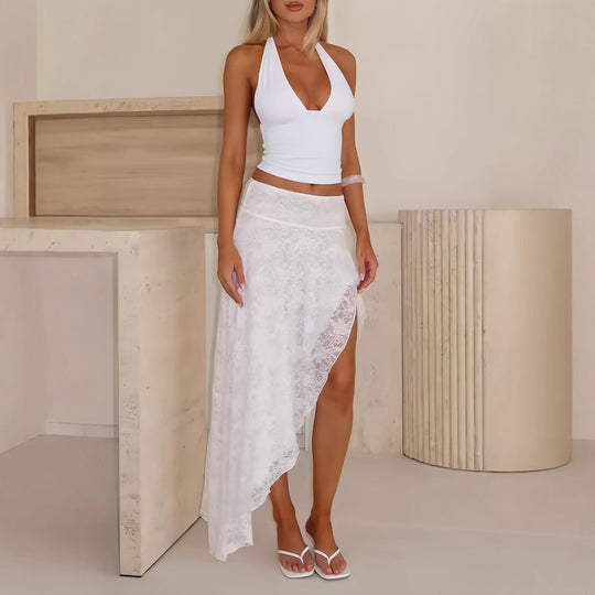 Damen asymmetrisches Kleid mit Spitzenrock und süßem Bustier-Oberteil R&B